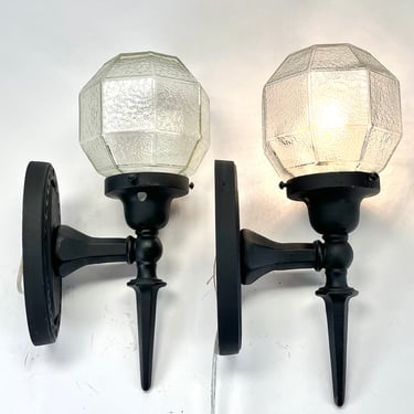 RESTORED Pair of 1910s Cast Iron Exterior Wall Sconces with Original Glass Shades FREE SHIPPING 