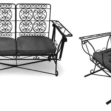 Wrought Iron Slider Rocking Chair & Settee Patio Outdoor Set w/ Scrolling Arms 