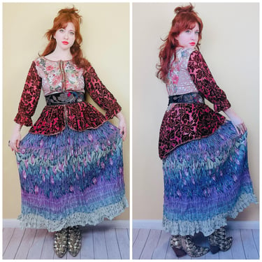 1990s Vintage Purple and Blue Ombre Floral Print / 90s / Crinkle Tulip Floral Broomstick Skirt Deadstock / Medium 