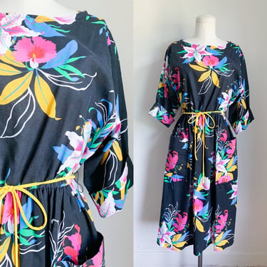 Vintage 1980s Black Tropical Floral Shirt Dress / S 