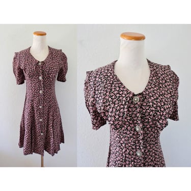 Vintage Pink Floral Mini Dress - 90s Rayon Short Sleeve Boho Summer Dress - Size Small 