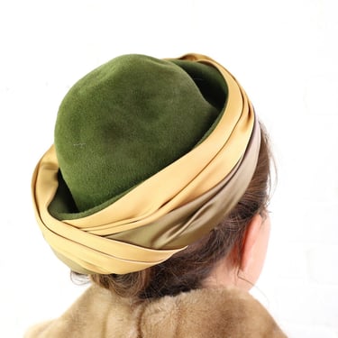 1960s Green Wool Felt & Satin Hat | 60s Olive Green Wool Velour Hat | Betmar Hats 