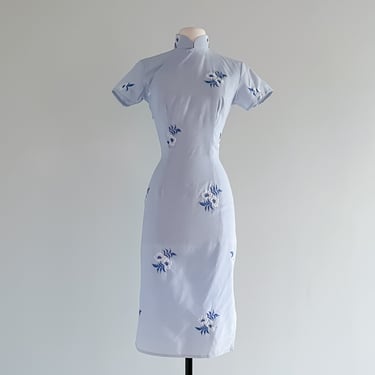 Gorgeous 1960's Cheongsam Style Baby Blue Cotton Day Dress / Sz S