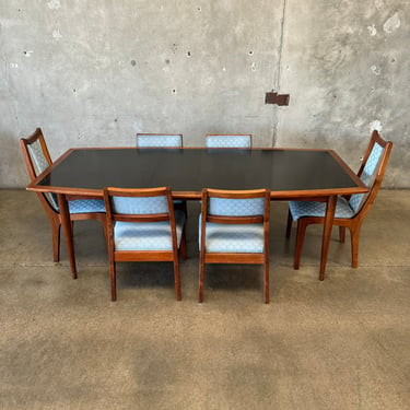 Mid Century Walnut With Black Laminate Dining Table & Six Chairs