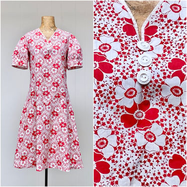 Antique 1920s Red & White Floral Cotton Day Dress, Drop Waist, Short Puffed Sleeves, Summer Sun Dress, Small-Medium 