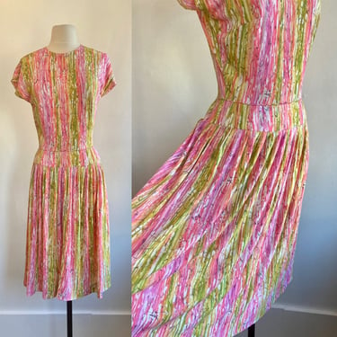 Cute Vintage 50s DAY DRESS / Watercolor ABSTRACT Print/ Drop Waist + Pleated Skirt / Cold Rayon 
