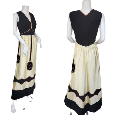 1970's Ivory Satin and Black Velour Long Maxi Dress I Sz Med I Futura Couture 