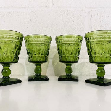 Vintage Park Lane Green Water Glasses Square Base Goblet Set of 4 Indiana Glass 1960s Wine Boho MCM Mid-Century 60s 