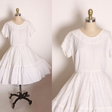 Late 1950s Early 1960s White Short Sleeve Fit and Flare Square Dance Western Dress -L 