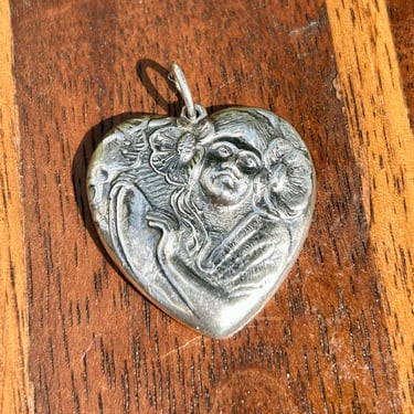 Vintage Sterling Silver Heart Pendant Art Nouveau Woman Flowers Style Jewelry 