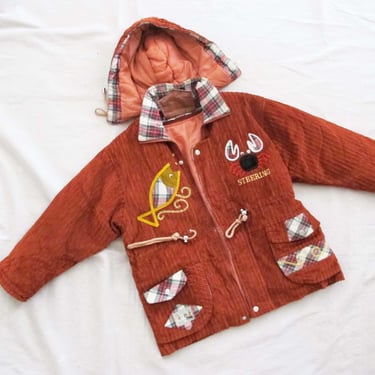 Vintage Corduroy Plaid Hooded Jacket XS Petite - 90s Rust Red Chunky Cord Drawstring Novelty Coat Patchwork Fish Crabs Cute Kawaii Style 
