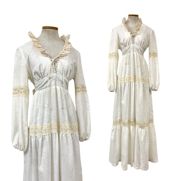 Vtg 70s 1970s Ivory Lace Tiered Western Prairie Cottagecore Boho Wedding Dress 