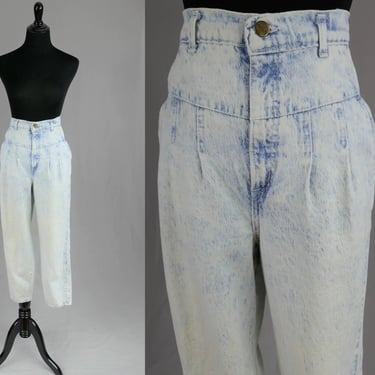 80s Chic Pleated Yoke Jeans - 32 waist - Light Blue Acid Wash Denim - Relaxed Fit Tapered Leg - Vintage 1980s - 26.75