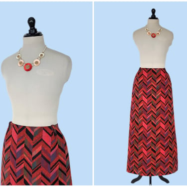 Vintage 60s/70s Orange Chevron Print Maxi Skirt, Vintage 1960s Floor Length Bright Novelty Print Skirt 