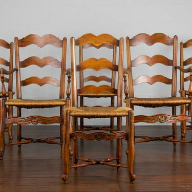 Antique Country French Louis XV Provincial Walnut Rush Dining Chairs- Set of 6 