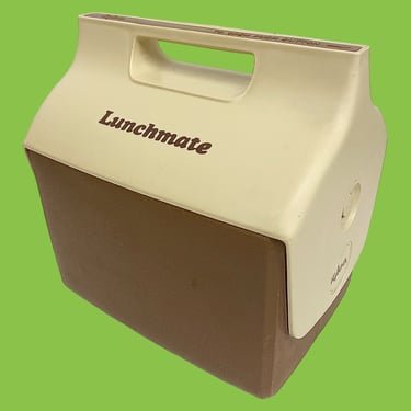 Vintage Lunchmate Cooler Retro 1980s Contemporary + Igloo + Plastic + Tan and Brown + Push Button Lock + Keeps Drinks/Food Cold + Lunchbox 