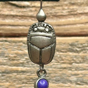 Vintage Scarab Earrings Pewter Purple Stone Beetle Retro Jewelry Renewal Rebirth Transformation 