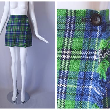 Vintage 1990s Laurel Woven Plaid Wrap Mini Skirt with Fringe Trim | retro 90s Y2K 2000s | 