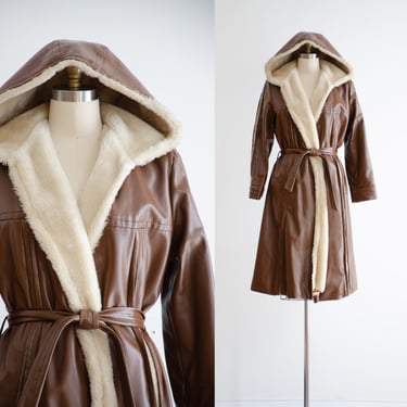 brown belted coat 70s vintage Gerda brown vegan faux leather sheepskin hooded princess coat 