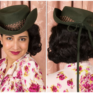 1940s Hat - Western Fedora 40s Tilt Hat with Upturned Brim and Brown Veiling Band in Forest Green 