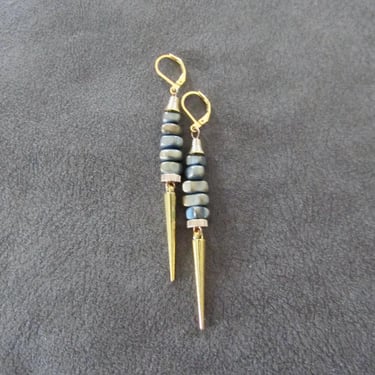 Abstract teal nugget and gold spike earrings 