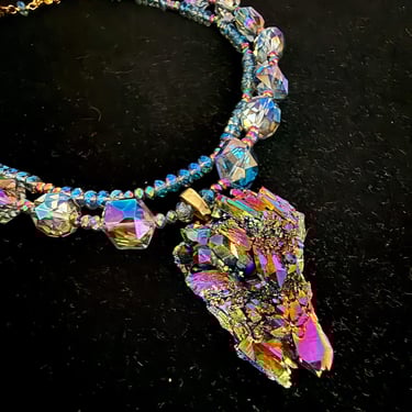Brutalist Druzy Necklace, Statement Piece, Aurora Crystal Quartz, Natural Stone, Artsy, Artisan Made Jewelry 