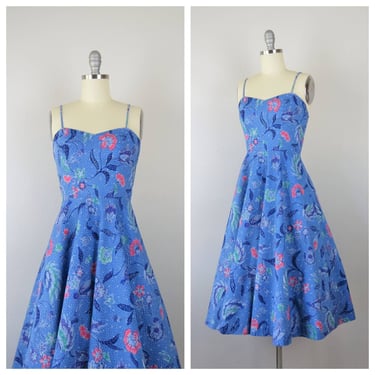 Vintage 1970s cotton floral dress, sundress, batik print, fit and flare 