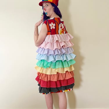 LBV 60’s Rainbow Polka Dot Ruffle Upcycled Psychedelic Handmade Shift Mini Clown Dress