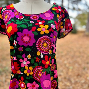 1960s Psychedelic Flower Mini Dress by Cole of California - Size XS-S 