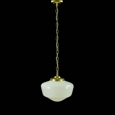 Vintage White Milk Glass Brass Chain Schoolhouse Pendant Light