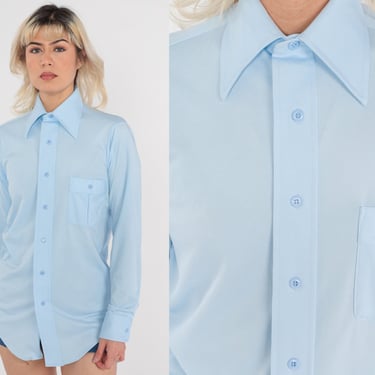 Baby Blue Button Up Shirt 70s Disco Shirt Dagger Collar Long Sleeve Top Collared Pastel Plain Retro Disco Oxford Vintage 1970s Medium Large 