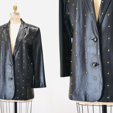 90s 00s Black Leather Jacket Blazer Gold Studded Medium Large // Vintage Womens Black Leather Jacket Leather Blazer medium Gold metallic 