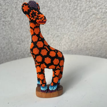 Vintage orange black seed Bead Giraffe Figurine 6” Wood Base 