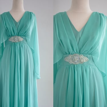 1970s Aqua Green Chiffon Gown 