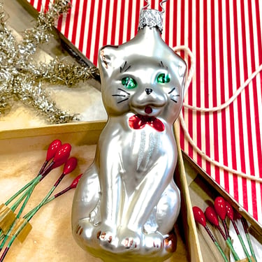 VINTAGE: 4.5" German Mercury Inge Glass Cat Ornament with Star Cap - Blown Figural Glass Ornament - Made in Germany -  SKU 30-403-00034555 
