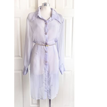 Vintage 1980s Frederick's of Hollywood Lavender Purple Sheer Chiffon Shirt Dress 