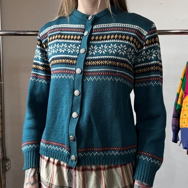 Med, Vintage 1950s 1960s Jersild Icelandic Sweater, Blue, Cardigan, S2 