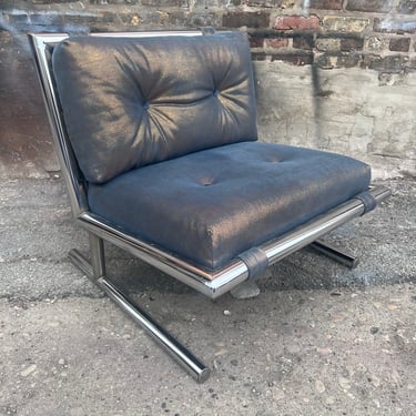 Mid Century Modern Arthur Umanoff for Directional Chrome Base Sled Lounge Chair Newly Upholstered in Designer “Ice-Gold” Metallic Leather