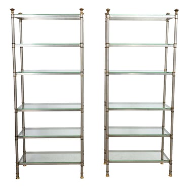 Pair of Steel and Brass Etageres with Insert Glass