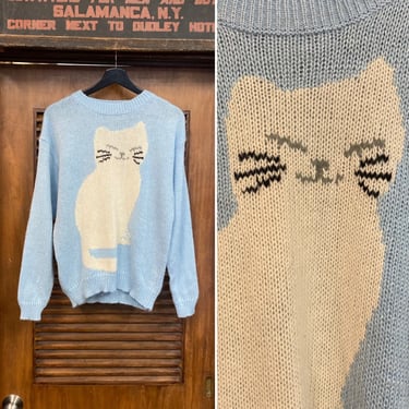 Vintage 1980’s -Deadstock- Sky Blue x White Cartoon Cat Lurex New Wave Sweater, 80’s Knit Sweater, Vintage Clothing 