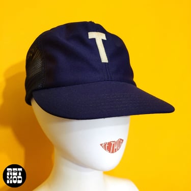 Vintage 60s 70s Navy Blue Baseball Hat with the Letter T 