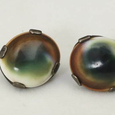 Vintage Sterling Silver Green Cats Eye Operculum Shell Screw Back Earrings 