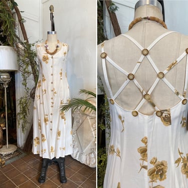 1990s sundress, ivory floral rayon, vintage maxi dress, open back, beige and white, small, together, button front, criss cross. 90s midi 