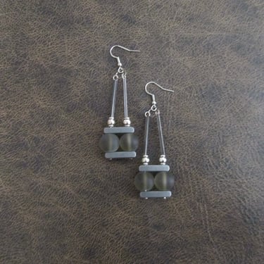 Mid century modern earrings, Brutalist earrings, minimalist earrings, gray unique artisan earrings, frosted sea glass earring, pewter 