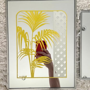 70s Gloria Eriksen frosted Palm Yellow Mirror / Bohemian Decor / Vintage Yellow Decor 