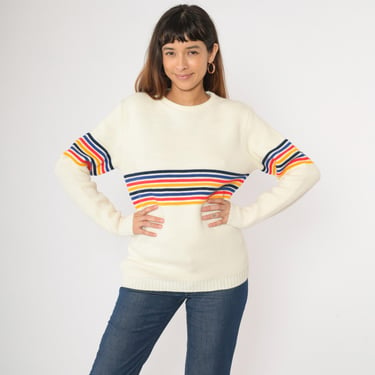 Vintage Rainbow Striped Sweater 80s Ski Sweater Crewneck Cream Acrylic Knit Jumper 1980s Boho Retro Hippie Small S 