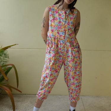 1990's Jumpsuit / Laura Ashley Jumpsuit / Nineties Romper / Yellow and Pink Floral Easy Cotton Summer Jumpsuit / Festival Wear 