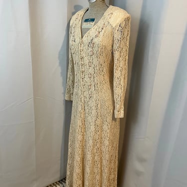 1930s style Ivory Lace Wedding Dress with Pearls Romantic Formal Vintage M 