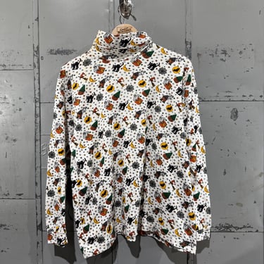 Vintage 90s Halloween Turtleneck long sleeve shirt  Fall Outdoors Autumn Cute black cat pumpkins 