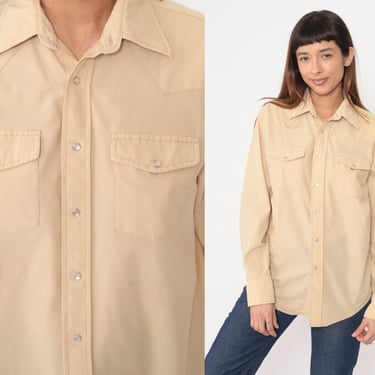 Western Shirt 70s Cream Pearl Snap Shirt Long Sleeve Button Up Retro Plain Rodeo Cowboy Ribbed Vintage 1970s Plain Large L 
